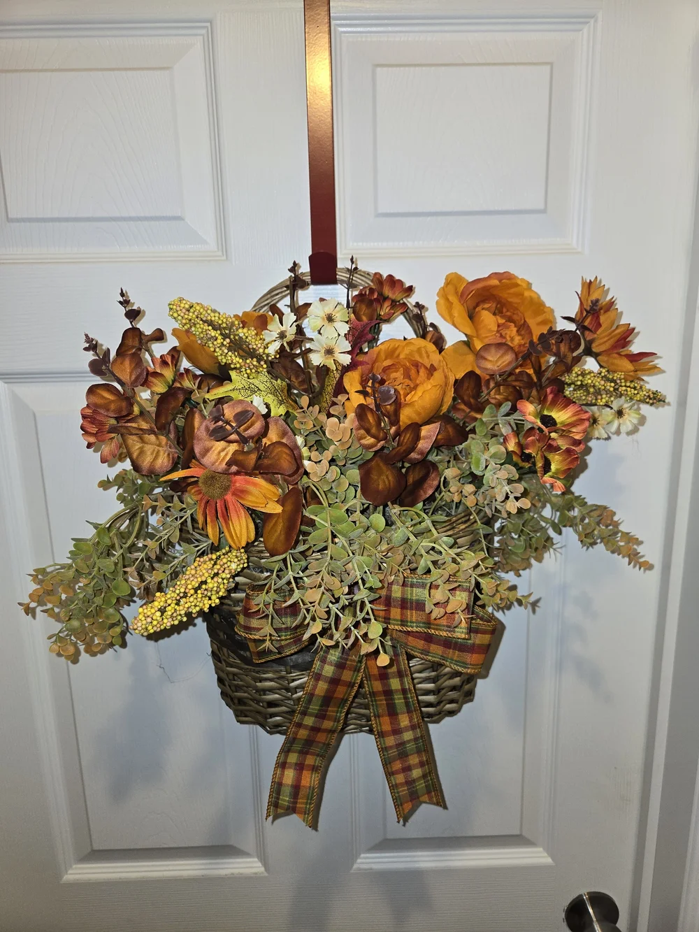 Autumn Plaid Hanging Basket Floral Arrangement - Orange